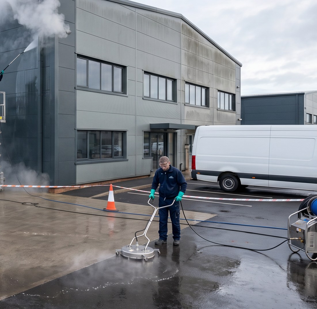 Cleaner active work zone on the Filton commercial frontage during the live-site exterior clean.