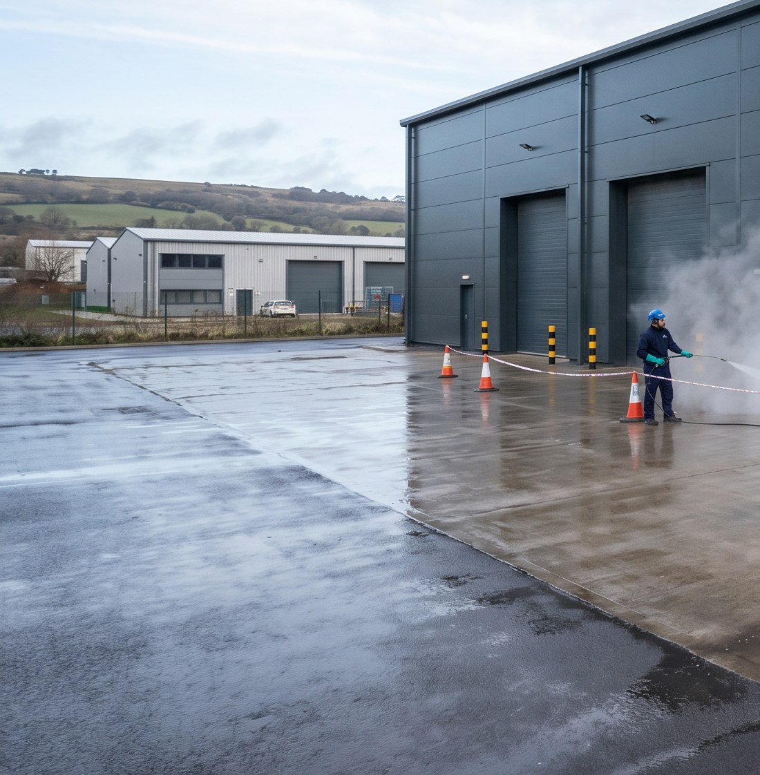Untreated edge of the Filton commercial forecourt before the cleaner working zone is brought through the frontage.