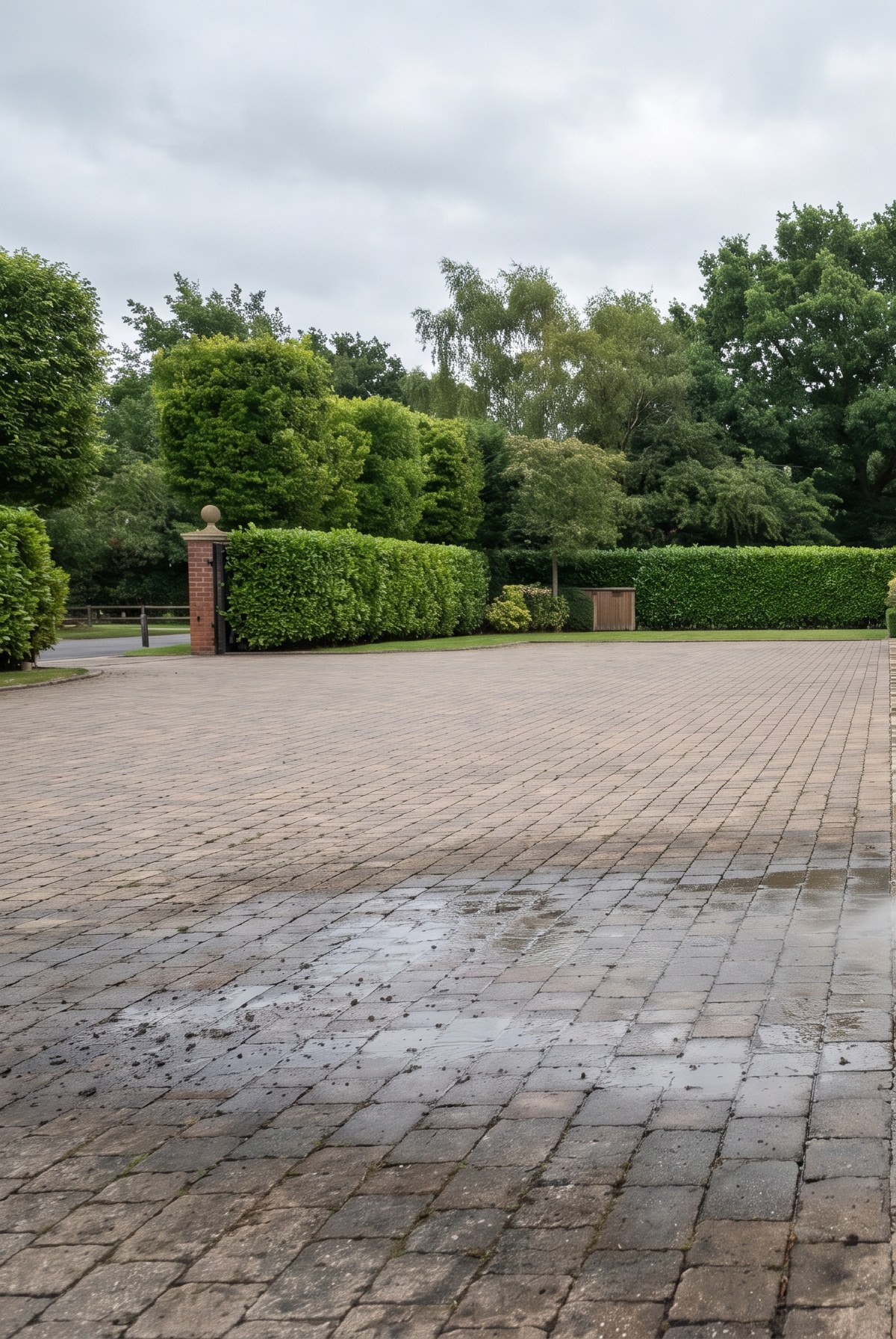 Untreated section of a Clifton driveway before the cleaned finish was brought through the paving.