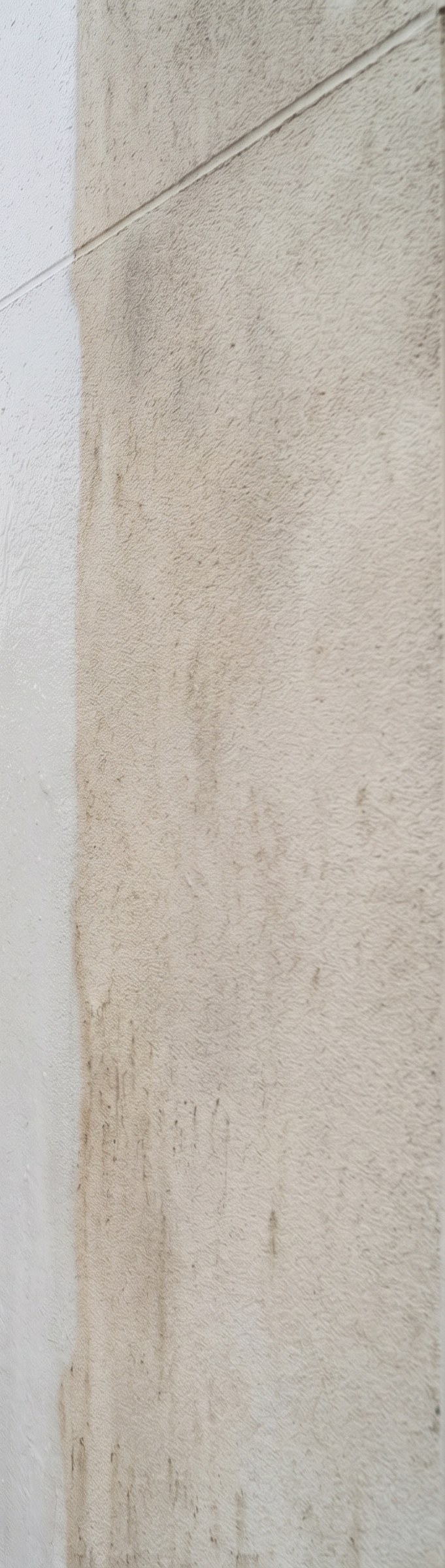 Dirtier weather-stained portion of a render wall before the cleaner treated finish was brought through.