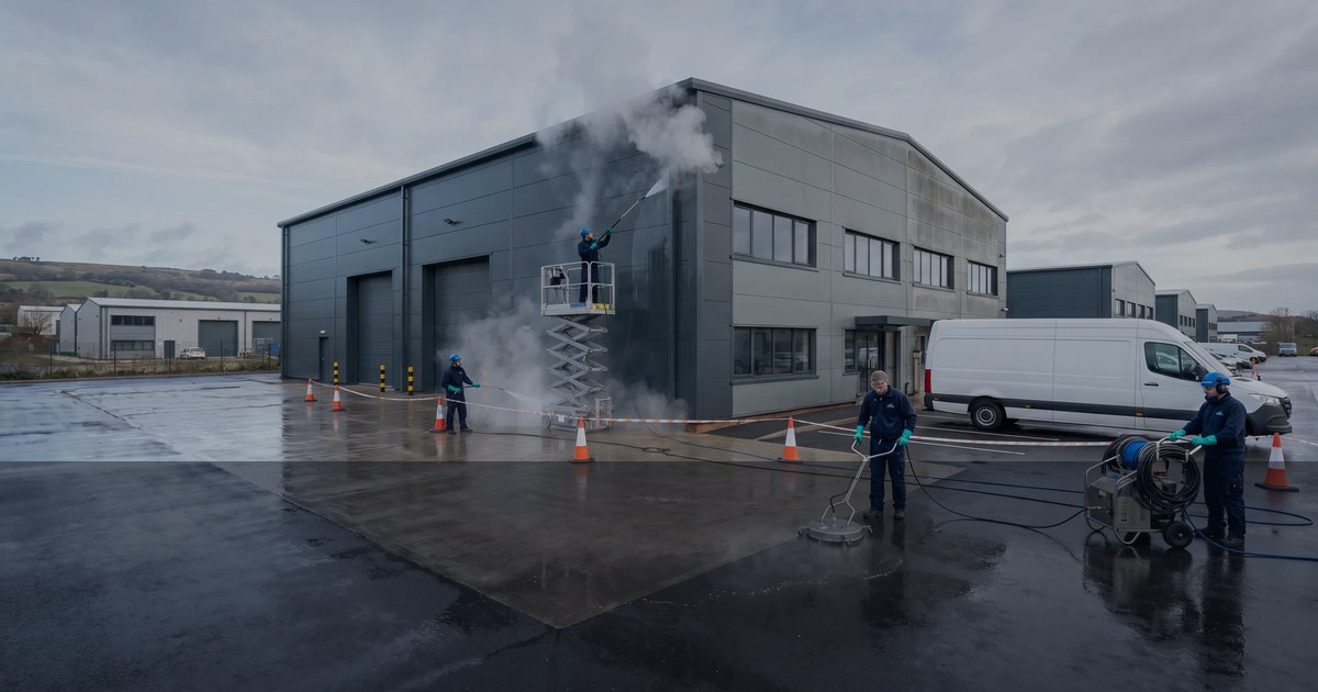 Commercial frontage and forecourt being cleaned