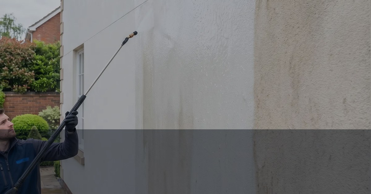 Render cleaning in progress on an exterior wall